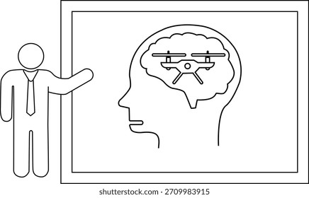 Hombre que presenta el cerebro con el abejón dentro en la pantalla Dibujo simple de la línea en blanco y negro