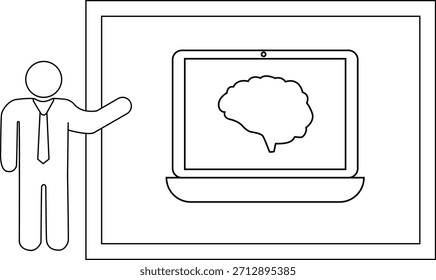 Hombre que presenta un cerebro en una pantalla del ordenador portátil