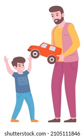 Man Presenting Car To Little Boy. Holiday Child Gift