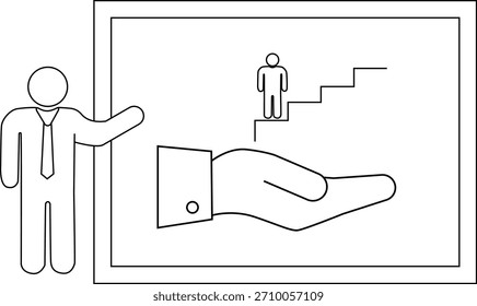 Man presenting chart hand lifting person toward steps