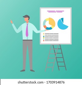 Mann präsentiert Kreisdiagramm an Bord, Statistiken und Bericht der Strategie. Arbeiter mit bunten Diagrammen auf der Präsentation, volle Länge männlicher Vektorillustration