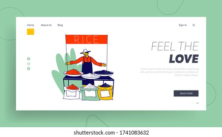 Man Presenting Crop of Cereals on Outdoor Fair Landing Page Template. Friendly Seller Character Inviting to Buy Rice in his Stand on Asian Market. Plates and Bags with Rice. Linear Vector Illustration