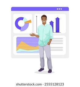 Man presenting data charts on a digital interface background. Vector illustration