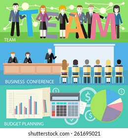 Man presenting development and financial planning on meeting conference. Product presentation. Search for investors concept. Business plan concept icons flat style. Budget planning concept. Team work