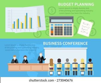 Man presenting development and financial planning on meeting conference. Product presentation. Search for investors concept. Business planning concept in flat style. Budget planning concept