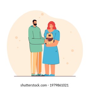 Man presenting dog to woman. Female character holding happy puppy. Bearded male character giving dog with red ribbon to his sweetheart. Love concept for banner, website design or landing web page