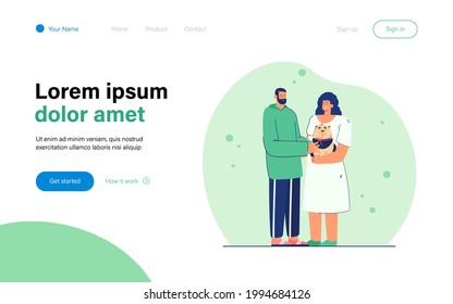 Man presenting dog to woman. Female character holding happy puppy. Bearded male character giving dog with red ribbon to his sweetheart. Love concept for banner, website design or landing web page