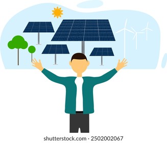 Man presenting eco friendly energy sources editable vector background. Solar energy concept backdrop