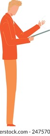 Hombre que presenta el concepto vacío de la presentación del negocio del tablero. Traje de hombre de negocios naranja de perfil de pie sosteniendo un cartel claro. Profesional Ilustración vectorial masculina aislado fondo blanco