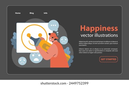 Man presenting the essence of happiness on a screen. Demonstrating joy while facing mixed emotions, conveying positivity. Sharing insights and emotional balance. Flat vector illustration