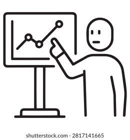 Man presenting financial data on a screen. Simple line graph shows trend with points. Icon represents analytics and business performance. Conceptual image for strategy discussion and economic progress. Clean vector illustration.