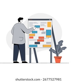 Hombre presentando diagrama de flujo en pizarra en la oficina, mostrando la estrategia de negocios y la planificación de proyectos con bloques de colores y plantas, transmitiendo la presentación profesional.