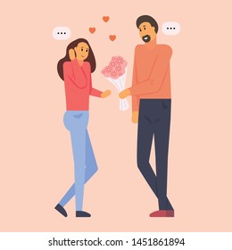 Man presenting flower bouquet to girl on date. Confused woman getting flowers from smiling boy. Couple meeting through online dating app or website. Flat cartoon vector illustration