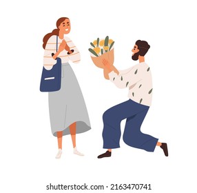 Man presenting flower bouquet to happy woman. Guy kneeling and giving floral bunch, romantic gift, surprise to girl valentine. Love couples date. Flat vector illustration isolated on white background