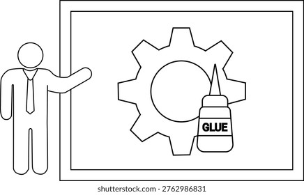 A man presenting glue and a gear wheel depicted on a board