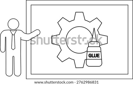 A man presenting glue and a gear wheel depicted on a board