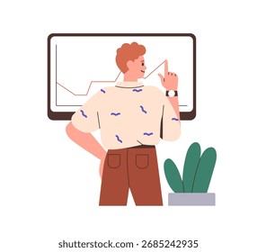 Hombre presentando gráfico con tendencia positiva, crecimiento, éxito en los negocios. Hombre en el tablero de presentación con datos de progreso, información, gráfico de análisis. Ilustración vectorial plana aislada sobre fondo blanco