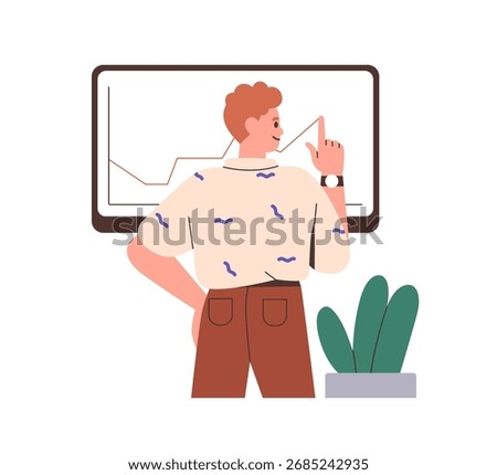 Man presenting graph with positive trend, growth, success in business. Male at presentation board with progress data, information, analysis chart. Flat vector illustration isolated on white background