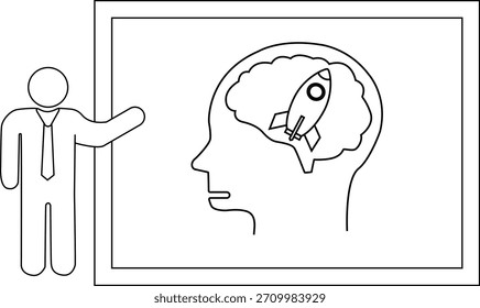 Man presenting head outline with rocket in brain on frame