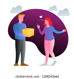 Man presenting his girlfriend a gift box. Vibrant color vector illustration.