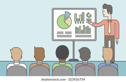 The man presenting his report through infographics in office. Reporting concept. Vector line design illustration. Horizontal layout with a text space.