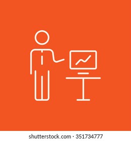 A man presenting his report through infographic line icon for web, mobile and infographics. Vector white icon isolated on red background.
