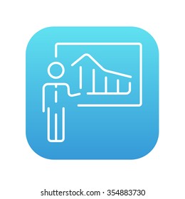 A man presenting his report through infographic line icon for web, mobile and infographics. Vector white icon on the blue gradient square with rounded corners isolated on white background.