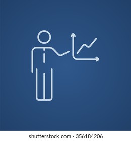 A man presenting his report through infographic line icon for web, mobile and infographics. Vector light blue icon isolated on blue background.