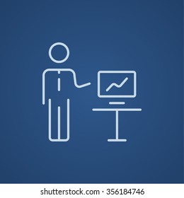 A man presenting his report through infographic line icon for web, mobile and infographics. Vector light blue icon isolated on blue background.