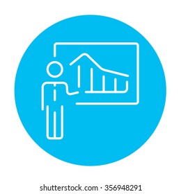 A man presenting his report through infographic line icon for web, mobile and infographics. Vector white icon on the light blue circle isolated on white background.