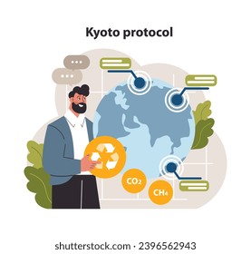 Man presenting Kyoto Protocol initiatives, highlighting global commitment to reduce greenhouse gases. Promoting environmental responsibility. Flat vector illustration.