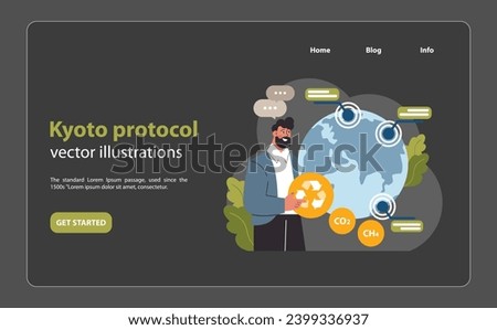 Man presenting Kyoto Protocol initiatives, highlighting global commitment to reduce greenhouse gases. Promoting environmental responsibility. Flat vector illustration.