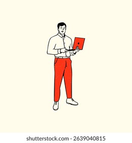 Man presenting with a laptop hand drawn vector illustration