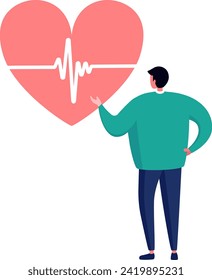 Man presenting large heart shape with heartbeat line. Health care concept and cardiology awareness vector illustration.