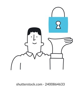 Man presenting a lock icon. Security system, internet safety, password manager, security solution. Simple style with editable stroke.