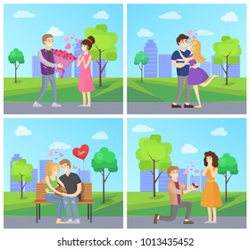 Man presenting luxury bouquet of flowers to woman, couple hugging on wooden bench, boyfriend makes proposal to girlfriend vector illustration of dating