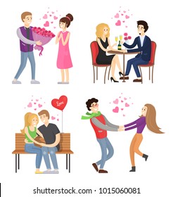 Man presenting luxury bouquet of flowers to woman, couple in restaurant, lovers hugging on bench, holding hands vector cartoon characters isolated set