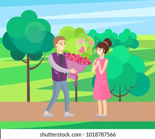 Man presenting luxury bouquet of flowers to woman, vector illustration of dating couple in love vector illustration in green park, spring scenery landscape