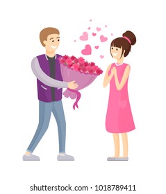 Man presenting luxury bouquet of flowers to woman, vector illustration of dating couple in love vector illustration isolated on white background