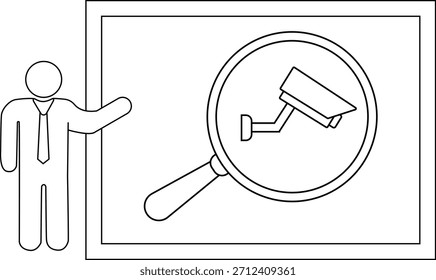 Man presenting a magnified security camera display framed by black lines