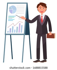 Man presenting new business concept vector, isolated man with case. Person wearing suit and tie pointing on board, charts and analysis of information