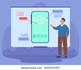 Man presenting to new smartphone to public. Vector illustration. Projection screen with new functions of mobile phone. Modern gadgets and technologies concept