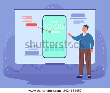 Man presenting to new smartphone to public. Vector illustration. Projection screen with new functions of mobile phone. Modern gadgets and technologies concept