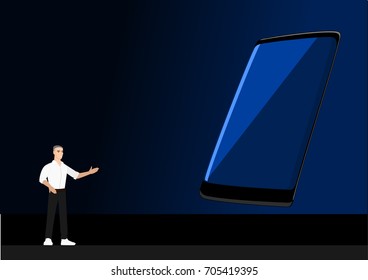 Man presenting phone new model on a big screen