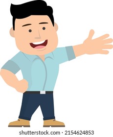 Man presenting pointing toward an object. Vector illustration. 