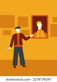man presenting a portrait of someone in art gallery. creative art exhibition flat vector illustration for website, poster, and social media