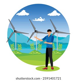 A man presenting a renewable energy concept featuring wind turbines in a scenic mountain area. Represents eco-friendly power solutions and environmental sustainability themes. 