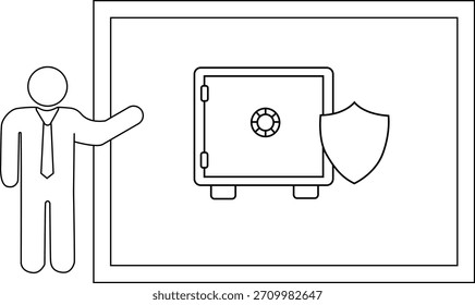 Hombre que presenta una caja fuerte junto a un escudo en una pizarra blanca