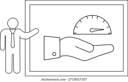 Hombre que presenta una pantalla que muestra una mano que sostiene un indicador de velocidad