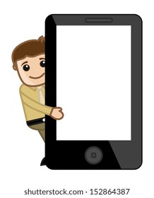 Man Presenting Slideshow on Phone Tablet Mobile Device - Business Cartoon